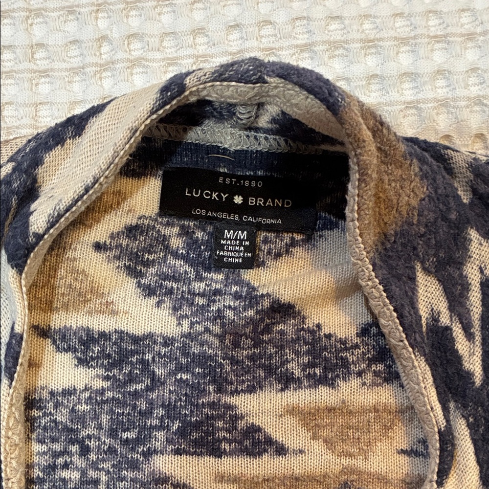 Lucky Brand Navy and Cream Printed Open-Front Cardigan